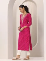 Pink Printed Silk Blend Straight Kurta - Image 2