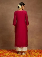 Hot Pink Embroidered Chanderi Silk Straight Kurta - Image 4