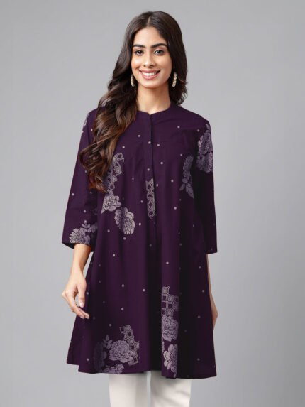 Purple Pure Cotton Floral Printed Flared Short Kurti