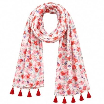 Women's Floral Print Chiffon Scarf with Tassel Trim